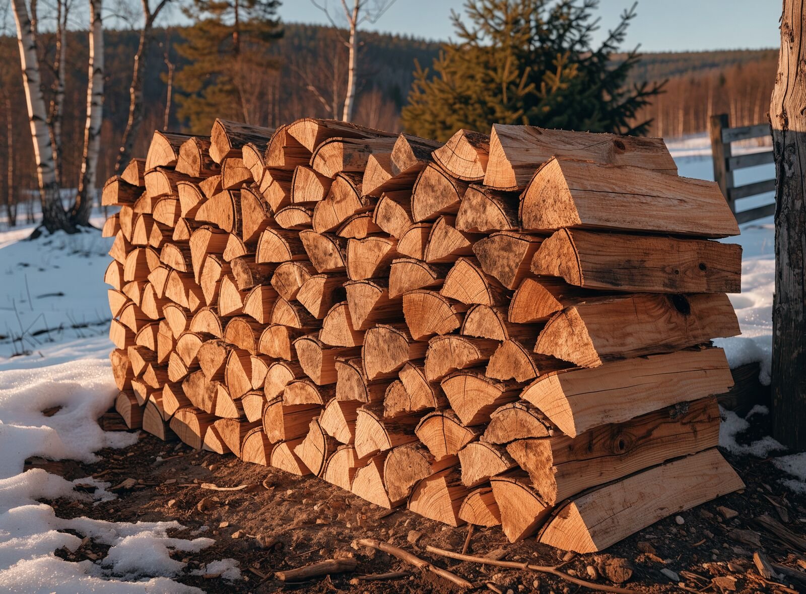 Stacked seasoned firewood sold by the cord